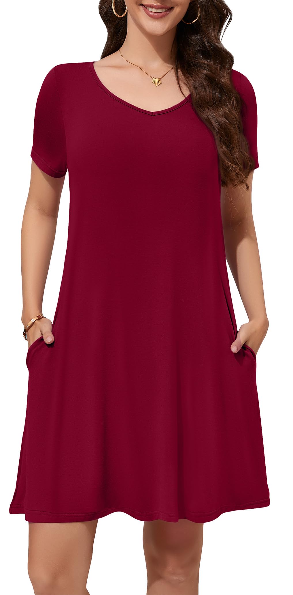 WEACZZY Summer Dresses for Women 2026 V-Neck Casual T Shirt Dress Loose Short Sleeve Flowy Dresses with Pockets