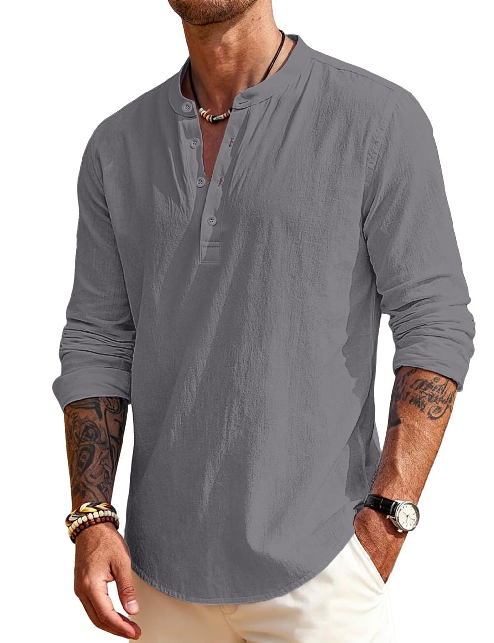 Men's Linen Shirts Henley T-Shirts Long Sleeve Casual Beach T-Shirts Solid Tops Shirts for Men