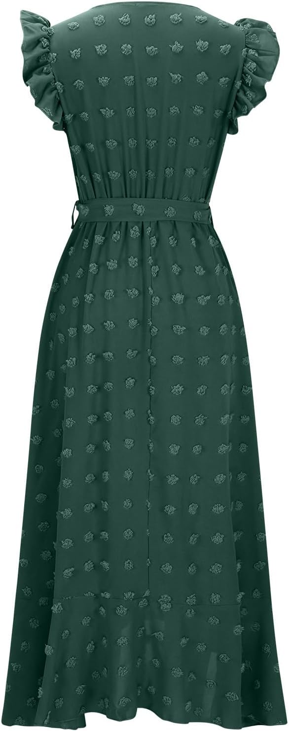 Women's Swiss Dot Dress Criss Cross V Neck Ruffle Wrap Dress Sleeveless Side Split Swing Flowy Long Maxi Dresses