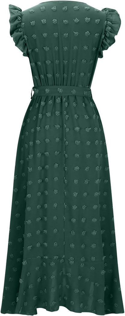 Women's Swiss Dot Dress Criss Cross V Neck Ruffle Wrap Dress Sleeveless Side Split Swing Flowy Long Maxi Dresses