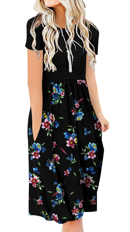 DB MOON Women Summer Casual Short Sleeve Dresses Empire Waist Dress with Pockets