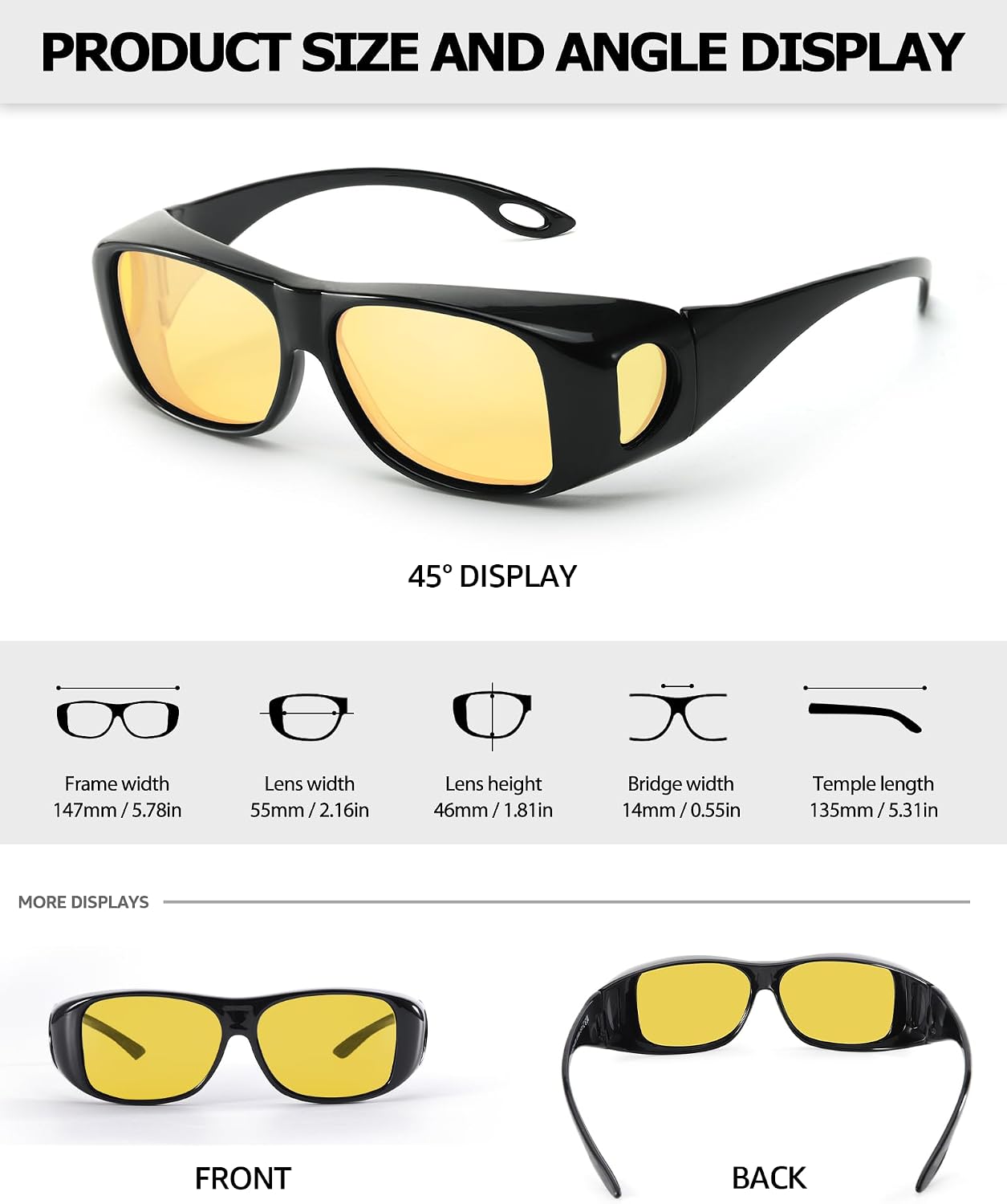 TJUTR Night Vision Driving Glasses for Women Men, Fit Over Wrap Around Eyewear Glasses, Yellow Lens Anti-glare TN8143
