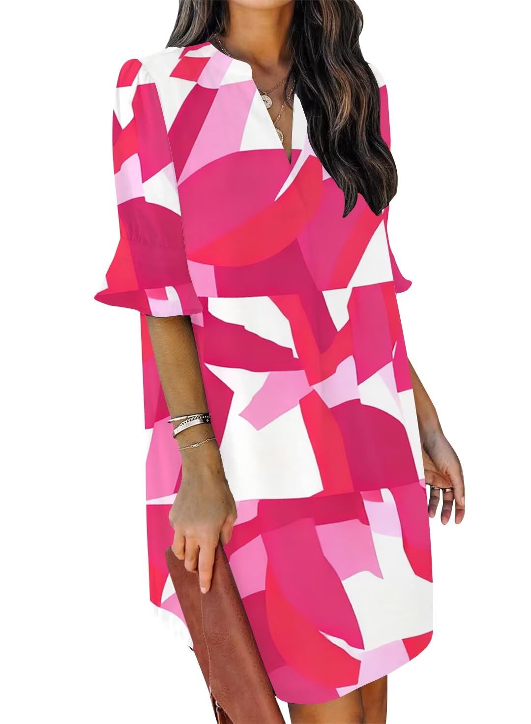 QACOHU Summer Dresses for Women V Neck Ruffle Short Sleeve Casual Shift Dress