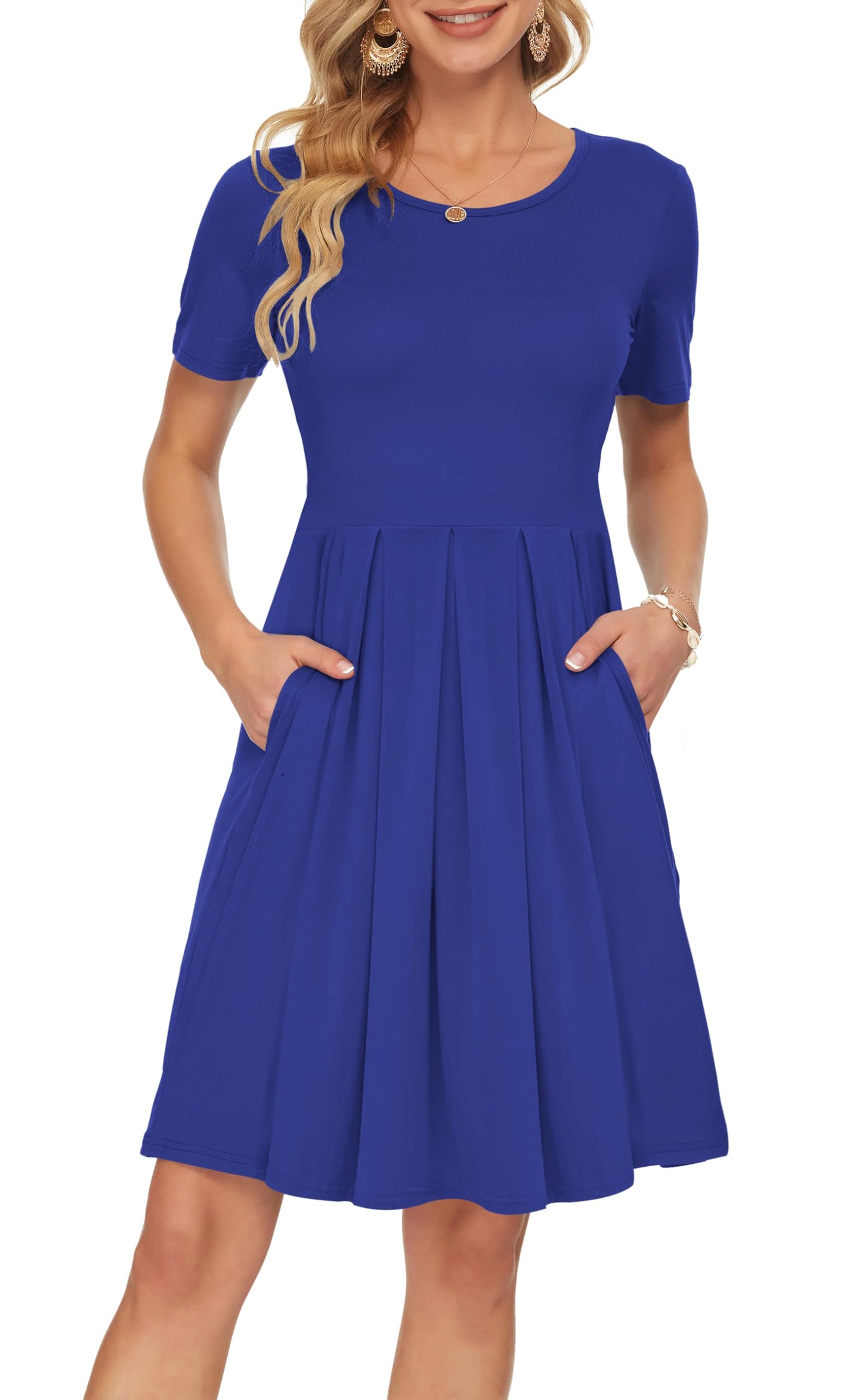 AUSELILY Women's Short Sleeve Summer Dress Pleated Loose Swing Knee Length Dresses with Pockets 2026 New