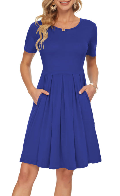 AUSELILY Women's Short Sleeve Summer Dress Pleated Loose Swing Knee Length Dresses with Pockets 2026 New