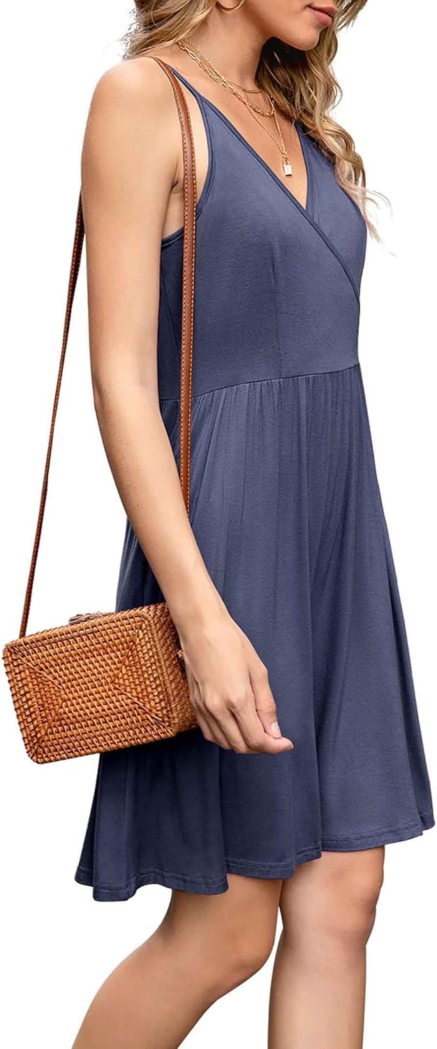 WEACZZY Women's 2026 Summer Dresses V Neck Spaghetti Strap Sundress Casual Beach Flowy Mini Dress with Pockets