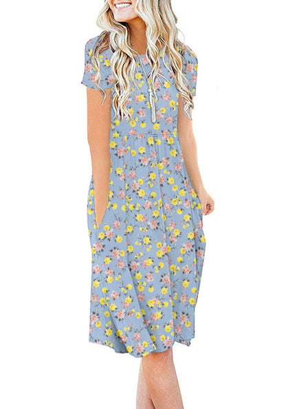 DB MOON Women Summer Casual Short Sleeve Dresses Empire Waist Dress with Pockets