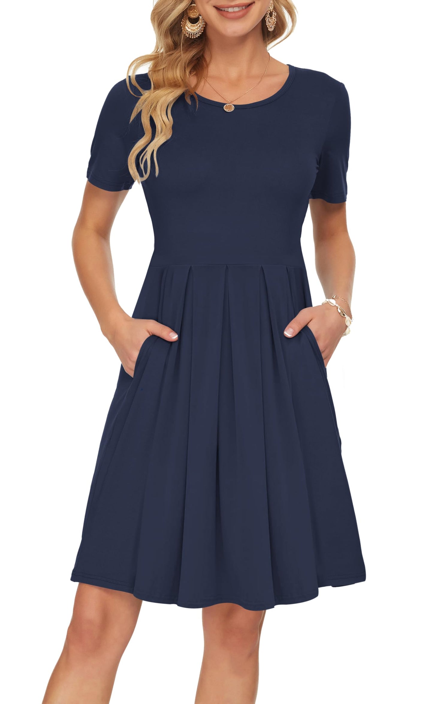AUSELILY Women's Short Sleeve Summer Dress Pleated Loose Swing Knee Length Dresses with Pockets 2026 New