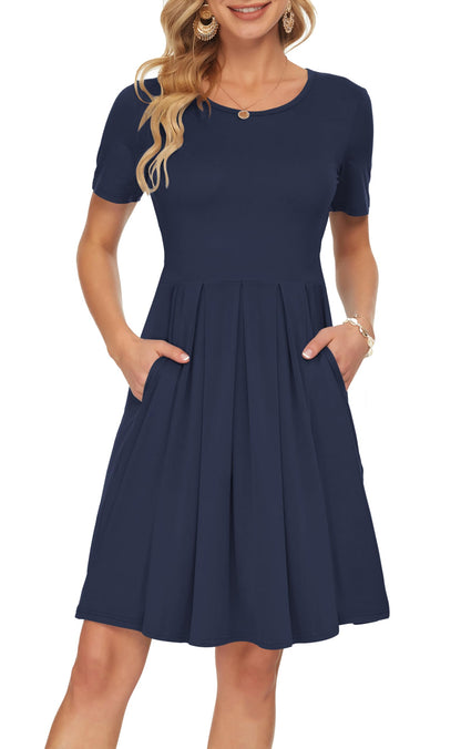 AUSELILY Women's Short Sleeve Summer Dress Pleated Loose Swing Knee Length Dresses with Pockets 2026 New