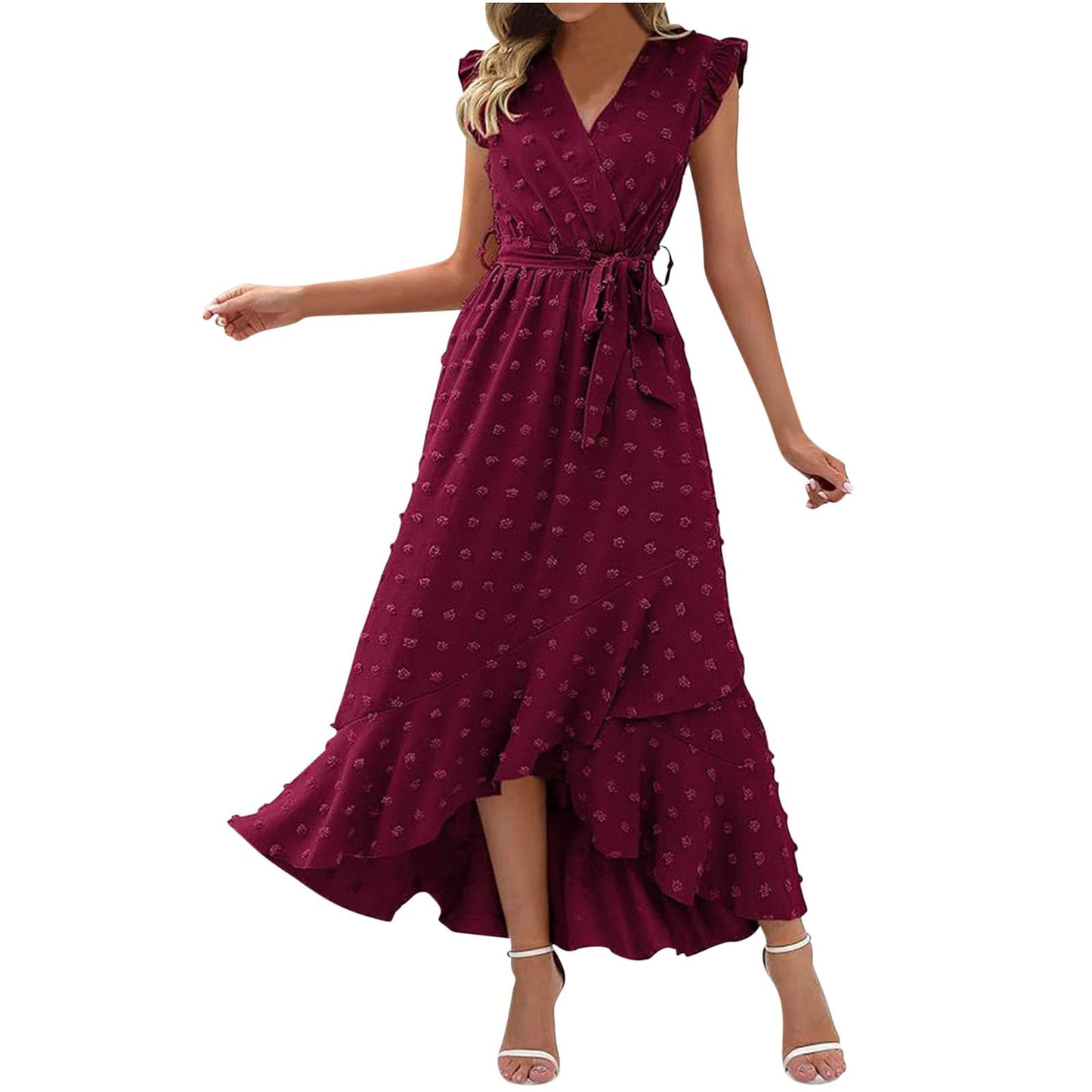 Women's Swiss Dot Dress Criss Cross V Neck Ruffle Wrap Dress Sleeveless Side Split Swing Flowy Long Maxi Dresses