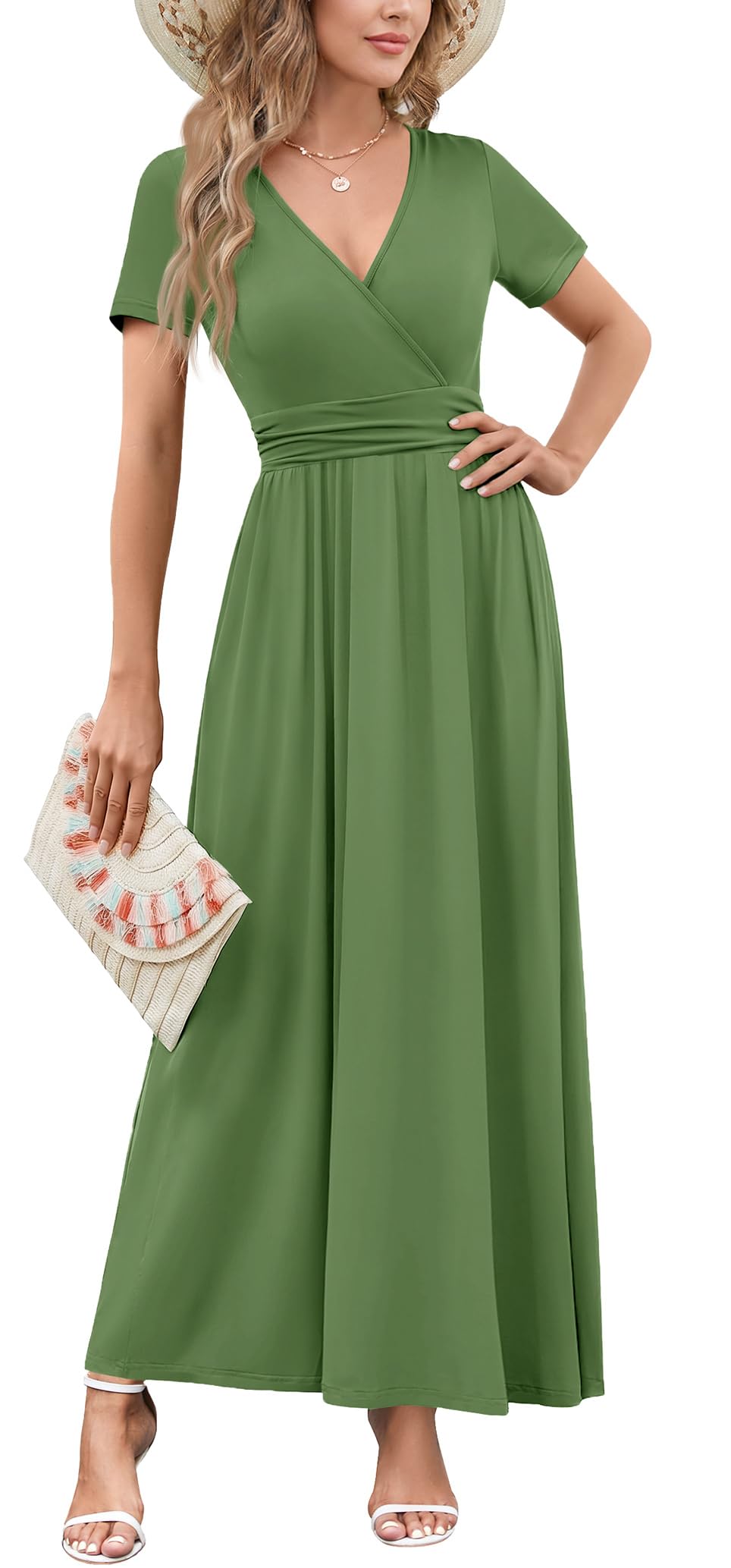 WEACZZY 2026 Summer Long Dresses for Women Wrap Empire Pleated Waist V Neck Short Sleeve Elegant Maxi Dress with Pockets