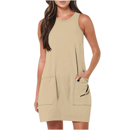 Summer Dresses for Women Beach Tshirt Sundress Baggy Sleeveless Tank Dress with Pocket, Solid Loose Cami Sun Dress