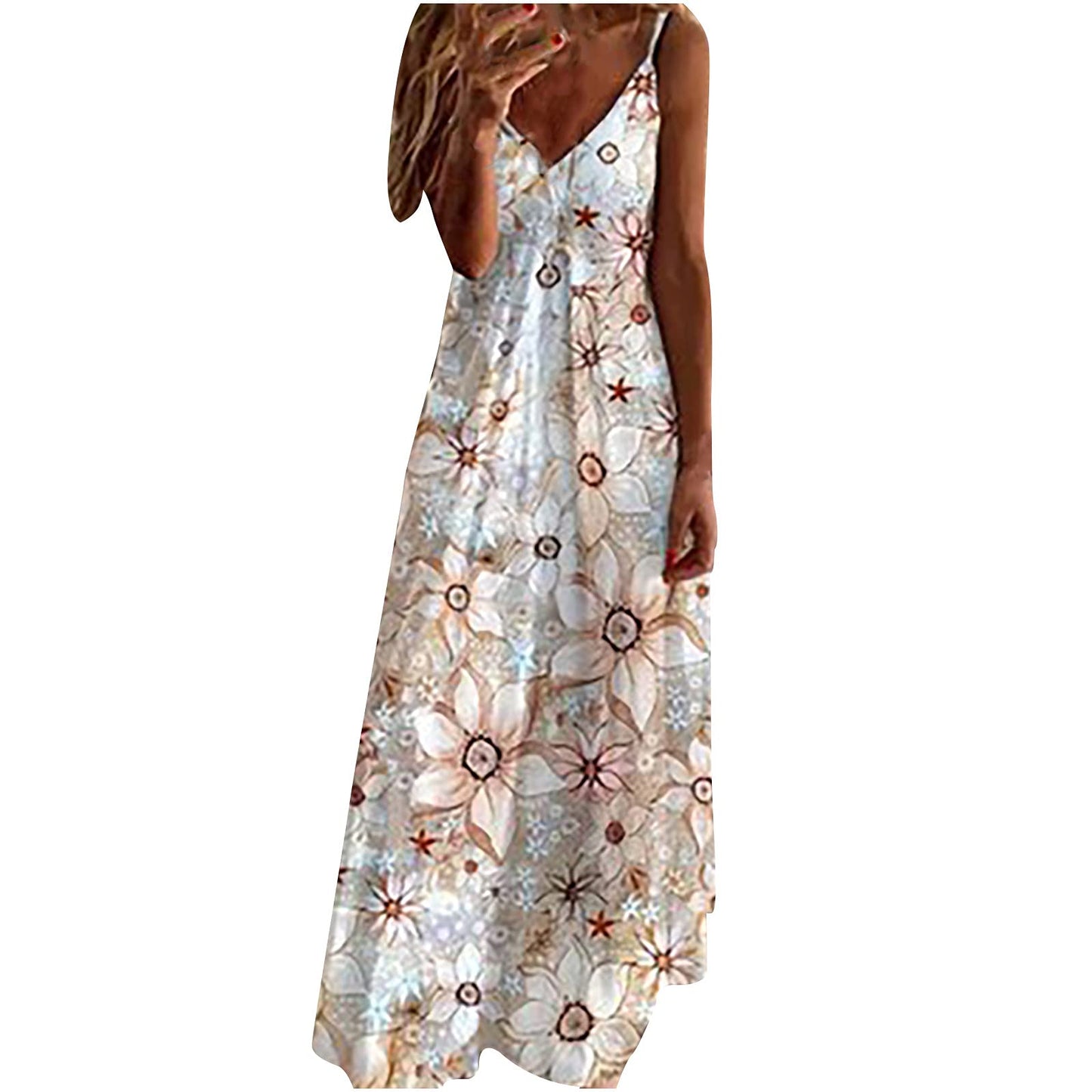 Ceboyel Women Floral Spaghetti Strap Sundress Casual Summer Long Maxi Dress Vneck Sexy Boho Dresses Trendy Beach Clothes