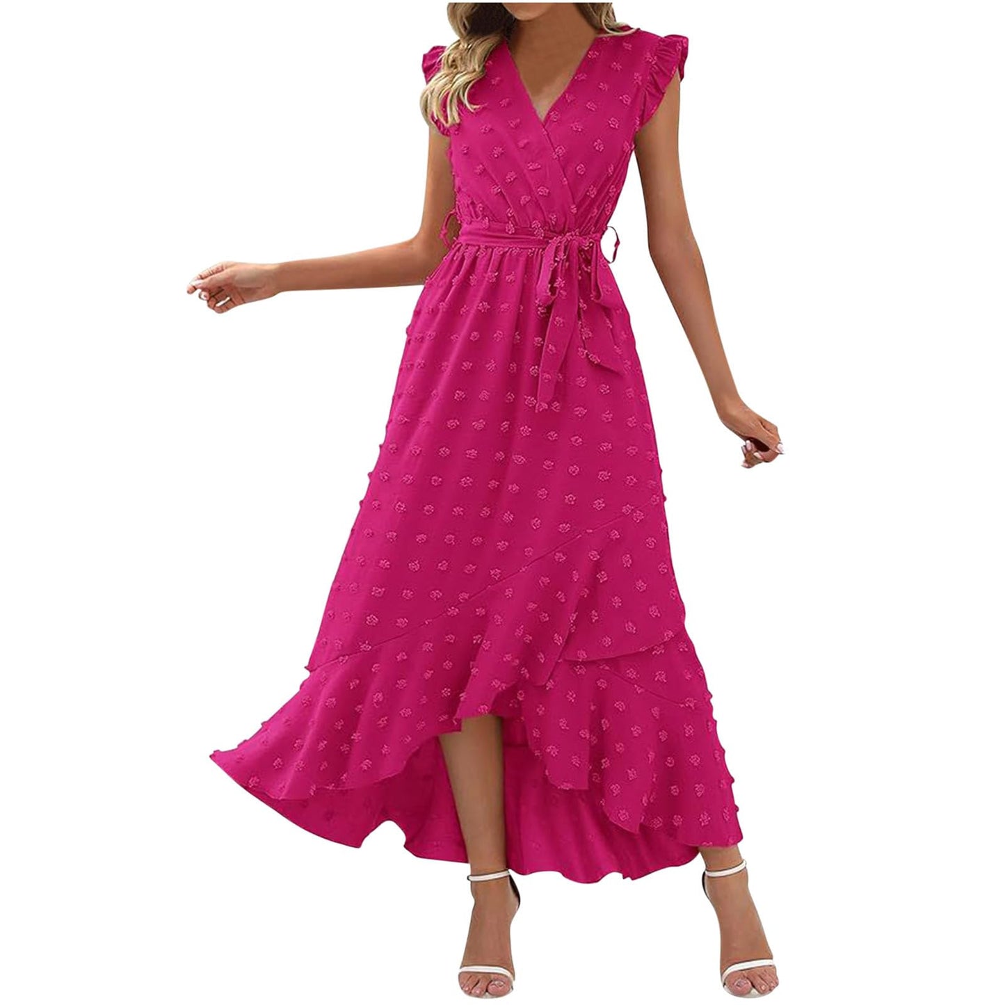 Women's Swiss Dot Dress Criss Cross V Neck Ruffle Wrap Dress Sleeveless Side Split Swing Flowy Long Maxi Dresses
