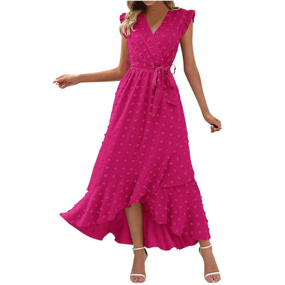 Women's Swiss Dot Dress Criss Cross V Neck Ruffle Wrap Dress Sleeveless Side Split Swing Flowy Long Maxi Dresses