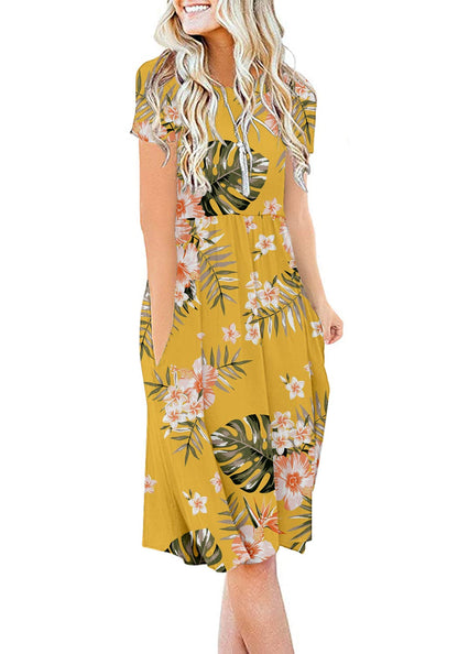 DB MOON Women Summer Casual Short Sleeve Dresses Empire Waist Dress with Pockets