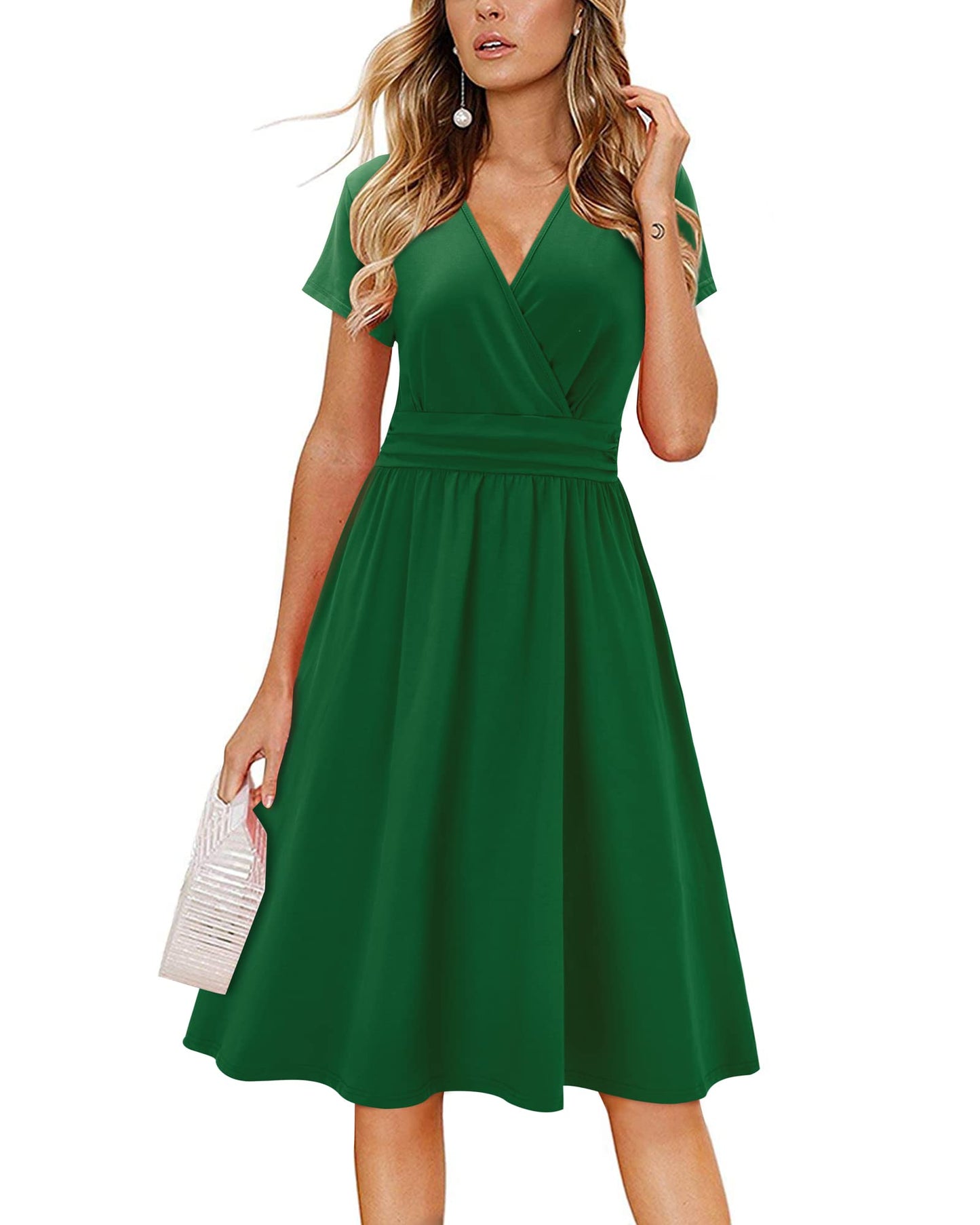 Newshows Womens Summer Short Sleeve Casual Dresses V Neck Floral Vacation Sundress Faux Wrap Midi Dress with Pockets