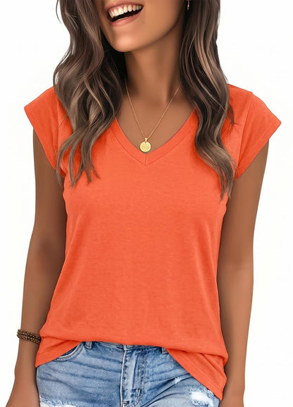 YEXIPO Womens Tops Cap Sleeve T Shirts 2026 Summer Casual Loose Fit V Neck Shirts Cute Trendy Beach Vacation Clothes