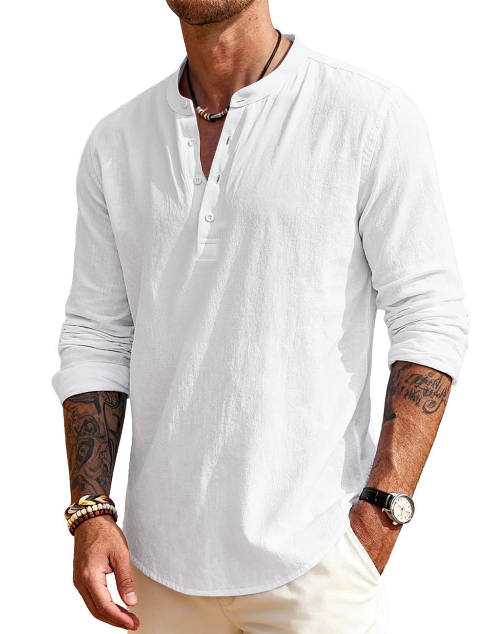 Men's Linen Shirts Henley T-Shirts Long Sleeve Casual Beach T-Shirts Solid Tops Shirts for Men
