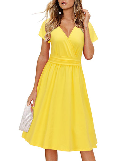 Newshows Womens Summer Short Sleeve Casual Dresses V Neck Floral Vacation Sundress Faux Wrap Midi Dress with Pockets