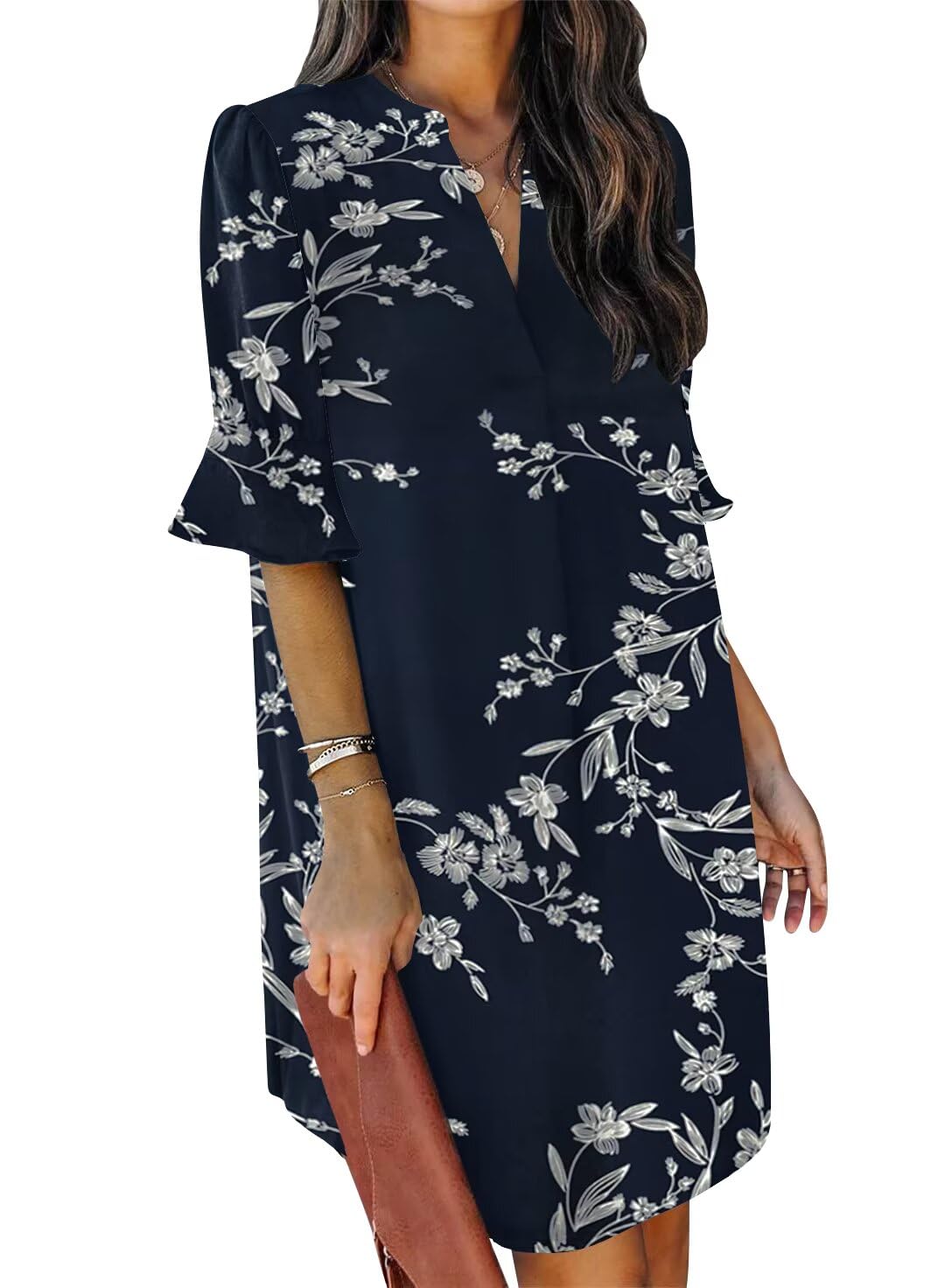 QACOHU Summer Dresses for Women V Neck Ruffle Short Sleeve Casual Shift Dress