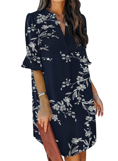 QACOHU Summer Dresses for Women V Neck Ruffle Short Sleeve Casual Shift Dress