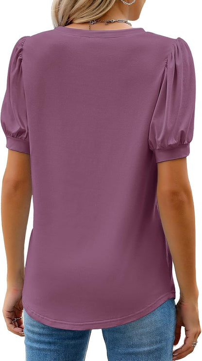 WEACZZY Women's Short Sleeve Crew Neck T-Shirt Pleated Front Casual Blouse | Puff Sleeve, Soft Comfortable Breathable, Regular Fitted, Asymmetrical High-Low Hem, Business Casual, Spring Summer Fall