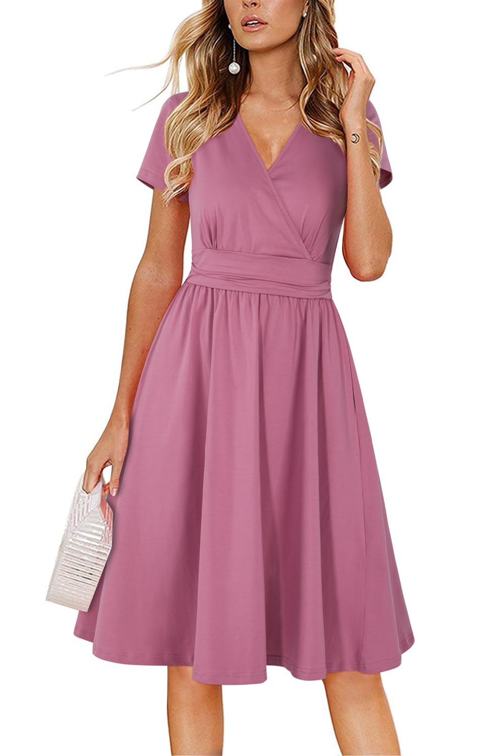 Newshows Womens Summer Short Sleeve Casual Dresses V Neck Floral Vacation Sundress Faux Wrap Midi Dress with Pockets