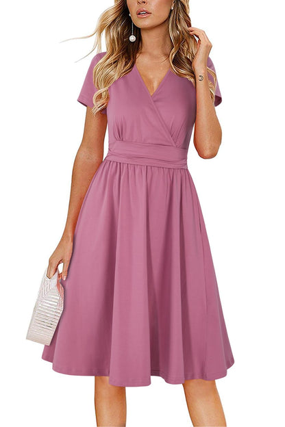 Newshows Womens Summer Short Sleeve Casual Dresses V Neck Floral Vacation Sundress Faux Wrap Midi Dress with Pockets