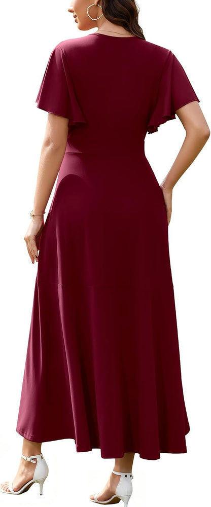 WEACZZY Women V Neck Ruffle Sleeve Maxi Dresses Split Elegant Slim Wrap Waist Wedding Guest Dress Elegant Casual Dresses 2026