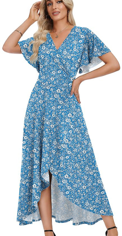 WEACZZY Women V Neck Ruffle Sleeve Maxi Dresses Split Elegant Slim Wrap Waist Wedding Guest Dress Elegant Casual Dresses 2026