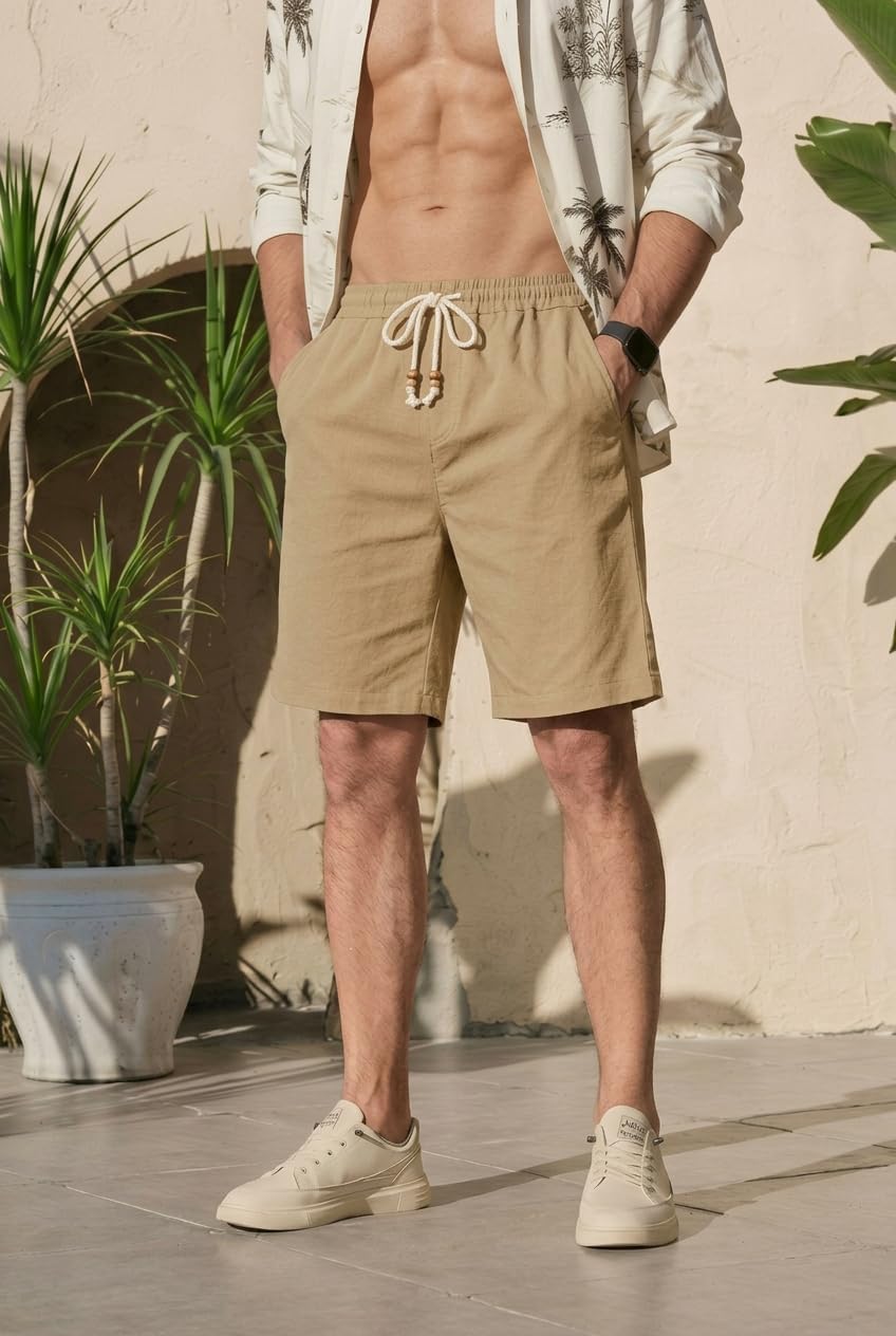 Sailwind Men’s Cotton Linen Shorts Casual Elastic Waist Drawstring Summer Beach Vacation Shorts with Pockets