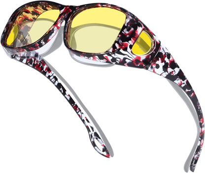 TJUTR Night Vision Driving Glasses for Women Men, Fit Over Wrap Around Eyewear Glasses, Yellow Lens Anti-glare TN8143