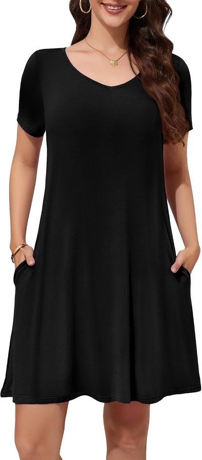 WEACZZY Summer Dresses for Women 2026 V-Neck Casual T Shirt Dress Loose Short Sleeve Flowy Dresses with Pockets