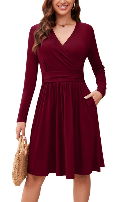 WEACZZY Women's Long Sleeve Casual Fall Dresses V-Neck Swing Floral Party Dress with Pockets 2026