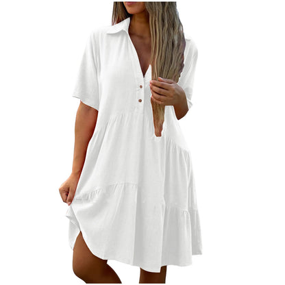 Women's Pleated Flowy T Shirt Dresses Plus Size V Neck Button Up Short Sleeve Midi Dress Loose Fit Tiered Sundress