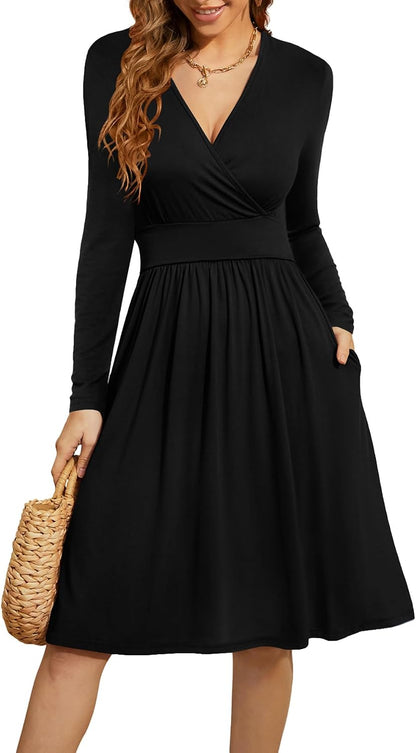 WEACZZY Women's 2026 Fall Long Sleeve Casual Dresses Wrap V-Neck Semi Formal Party Dress with Pockets