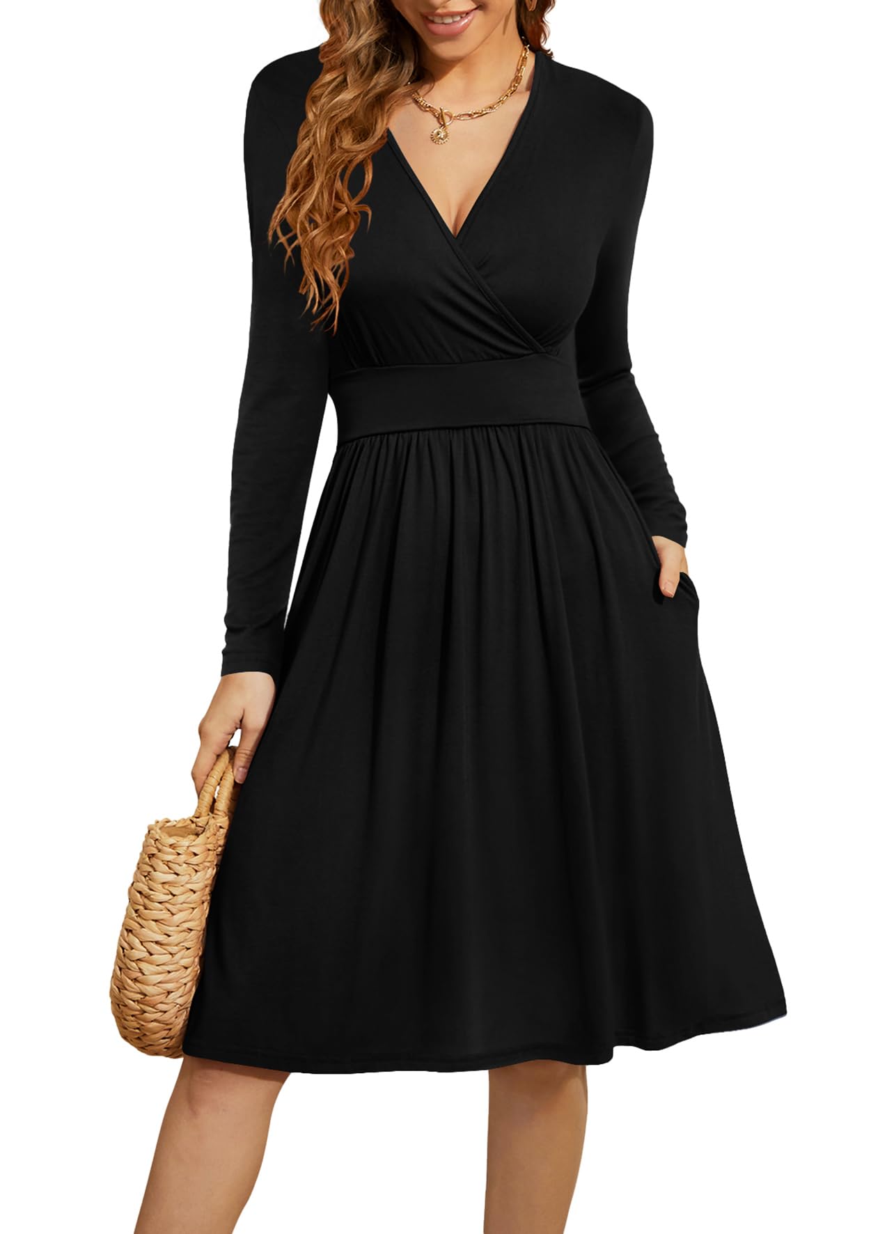WEACZZY Women's 2026 Fall Long Sleeve Casual Dresses Wrap V-Neck Semi Formal Party Dress with Pockets