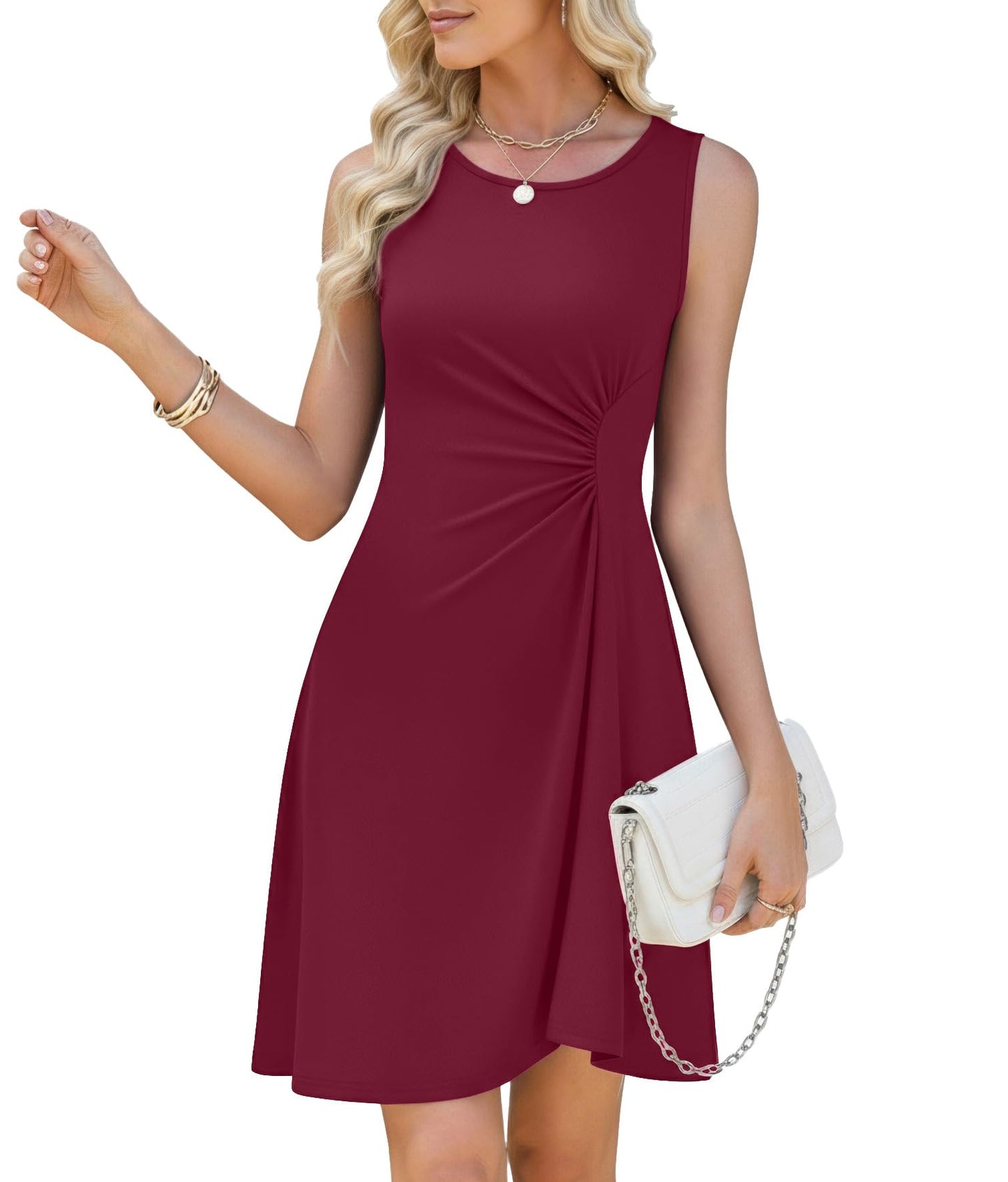 WEACZZY Women's Summer Sleeveless Dress Half Waist Ruched Flowy Curve Mini Casual Party Dresses