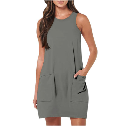 Summer Dresses for Women Beach Tshirt Sundress Baggy Sleeveless Tank Dress with Pocket, Solid Loose Cami Sun Dress