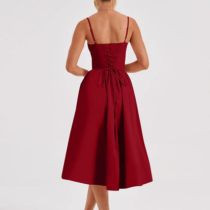 Corset Dress for Women Trendy Spaghetti Strap Bustier Dresses Cute Wrap Dress Swing Flowy Pleated Hem Midi Sundress