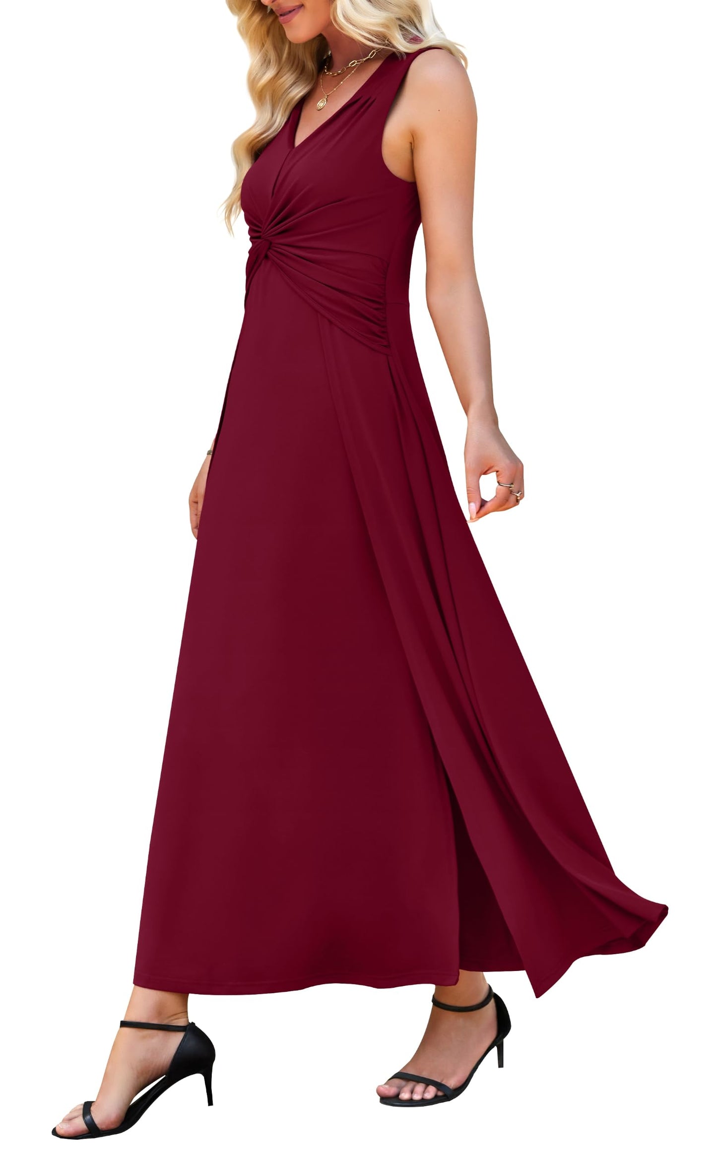 WEACZZY Women's Formal Maxi Dress Sleeveless Pleated Cocktail Evening Gown | Deep V-neck, Slimming, Flowing, Elegant, Double Splits, Lightweight Stretch, Polyester Blend, Does Not Show Through