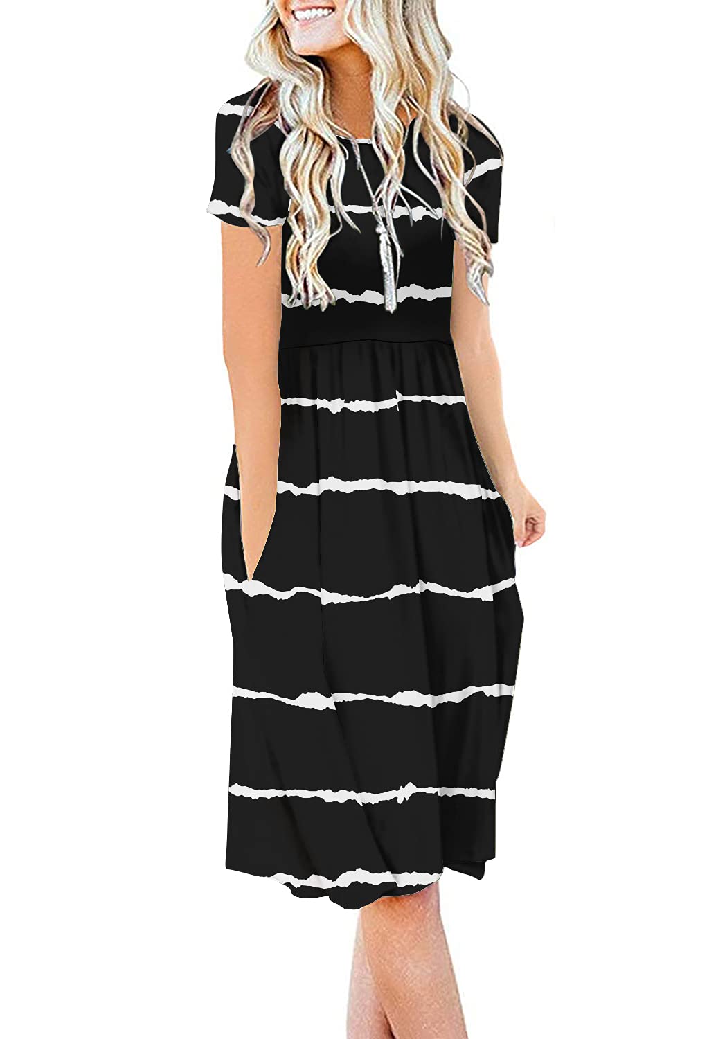 DB MOON Women Summer Casual Short Sleeve Dresses Empire Waist Dress with Pockets