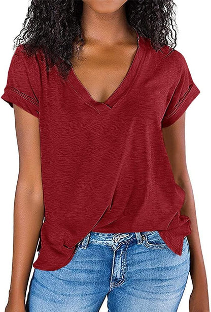 YEXIPO Womens V Neck Tshirts Summer Tops Short Sleeve Loose Casual Side Slit Basic Tshirt Tees