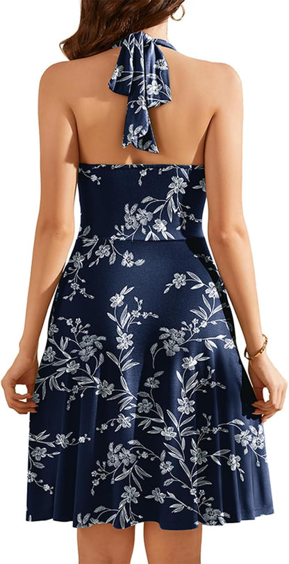 WEACZZY Summer Dresses for Women 2026 Beach Mini Swing Dress Halter V Neck Sleeveless Backless Sundresses with Pockets