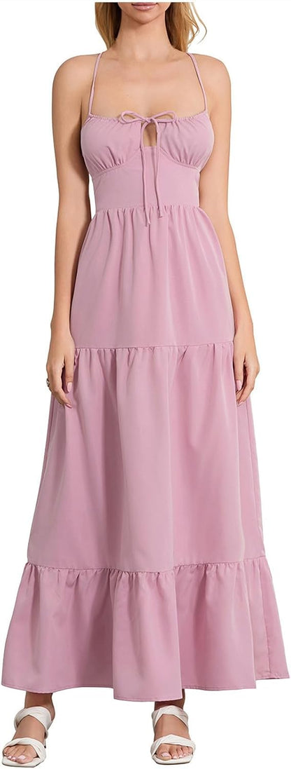 Women's Backless Dress Trendy Tied Front Spaghetti Strap Cutout Maxi Dress Prom Cocktail Evening Party Maxi Dresses