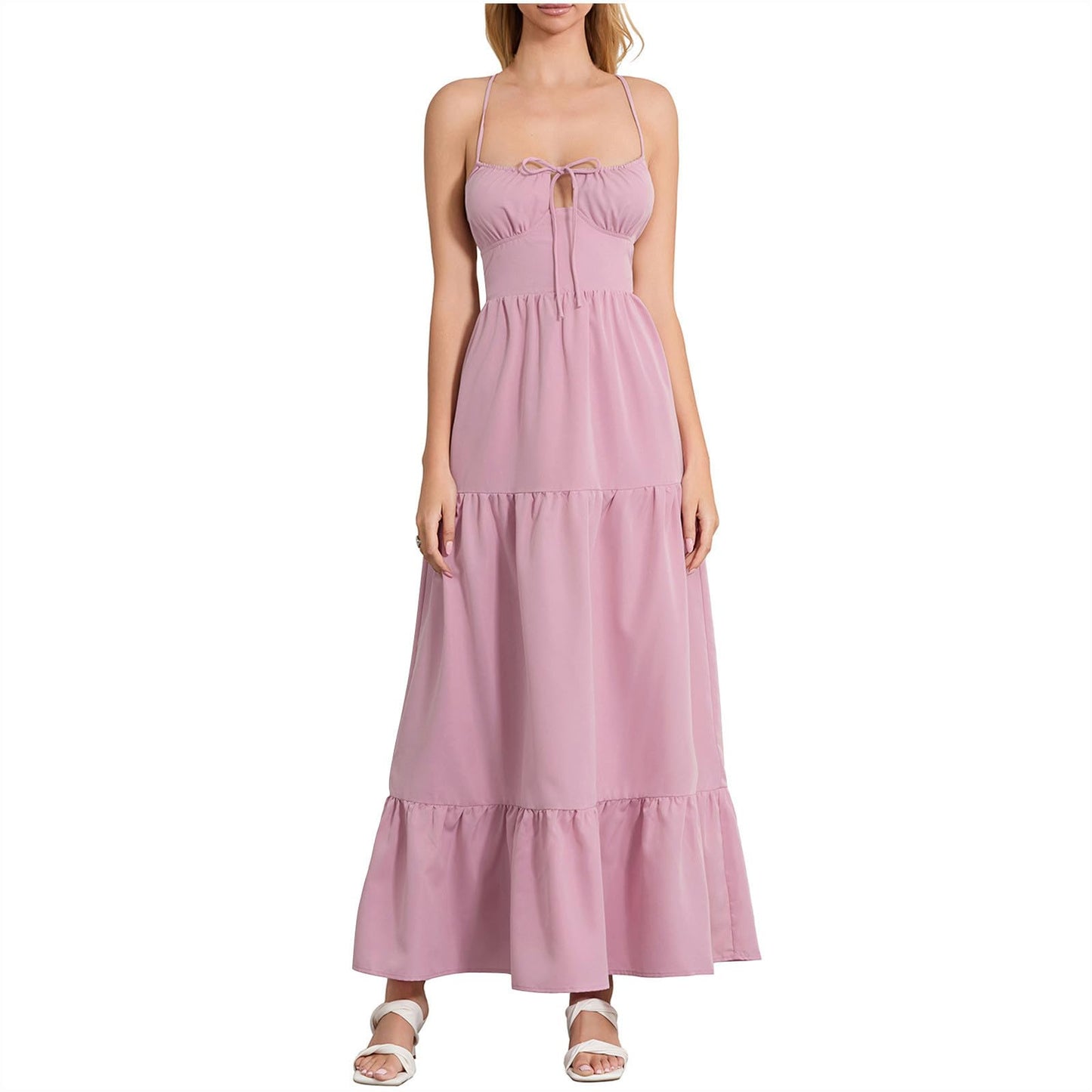 Women's Backless Dress Trendy Tied Front Spaghetti Strap Cutout Maxi Dress Prom Cocktail Evening Party Maxi Dresses