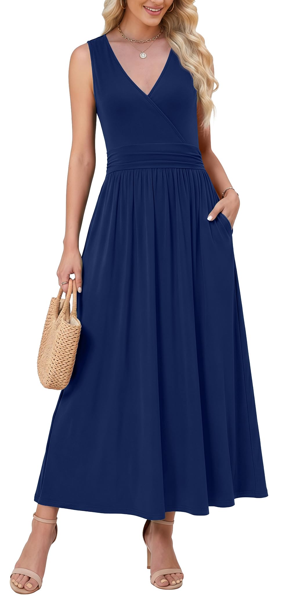 WEACZZY Women's Maxi Dress Sleeveless V Neck Sundress Cocktail Long Dresses with Pockets