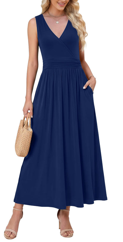 WEACZZY Women's Maxi Dress Sleeveless V Neck Sundress Cocktail Long Dresses with Pockets
