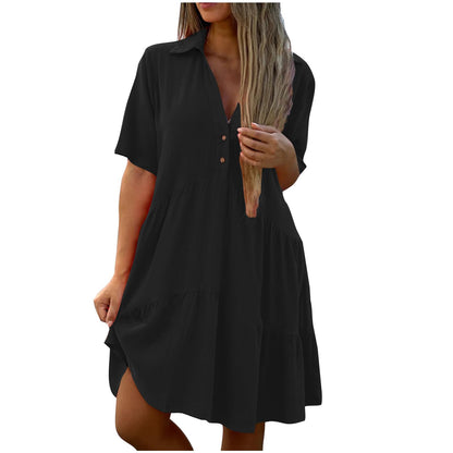 Women's Pleated Flowy T Shirt Dresses Plus Size V Neck Button Up Short Sleeve Midi Dress Loose Fit Tiered Sundress